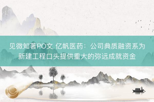 见微知著PO文 亿帆医药:公司典质融资系为新建工程口头提供重大的弥远成就资金